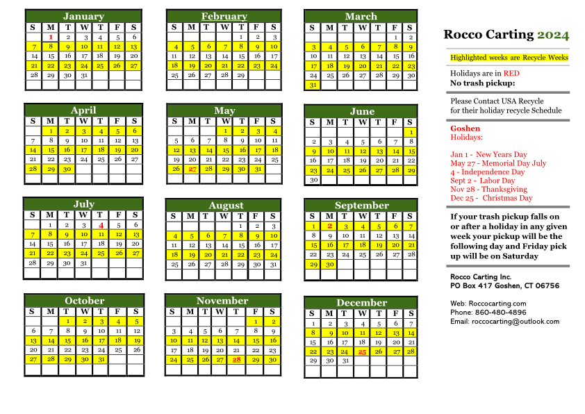 Pickup Calendar Rocco Carting, Inc.